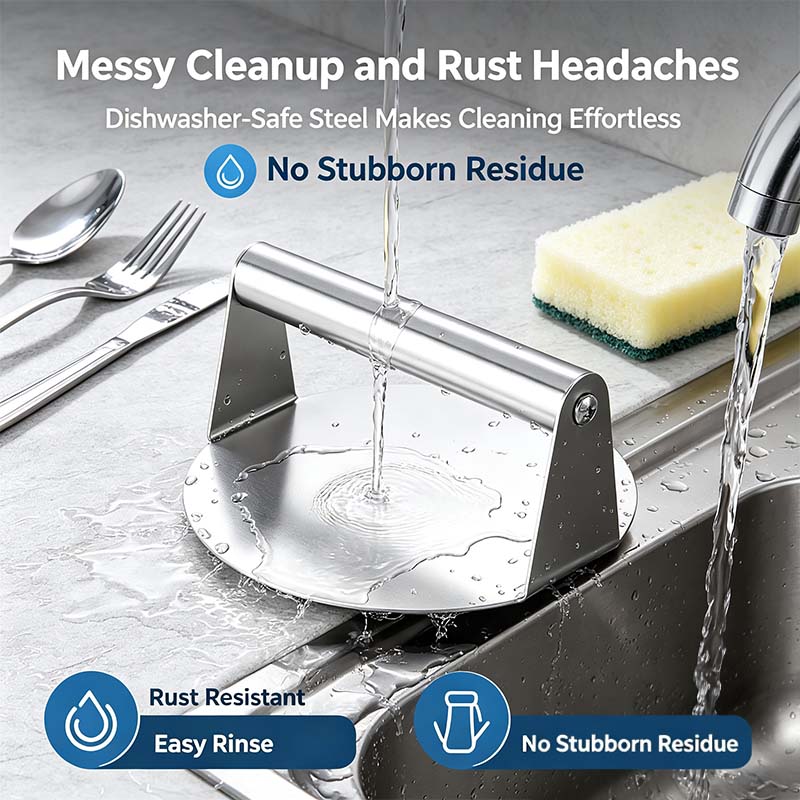 Dishwasher safe stainless steel burger press