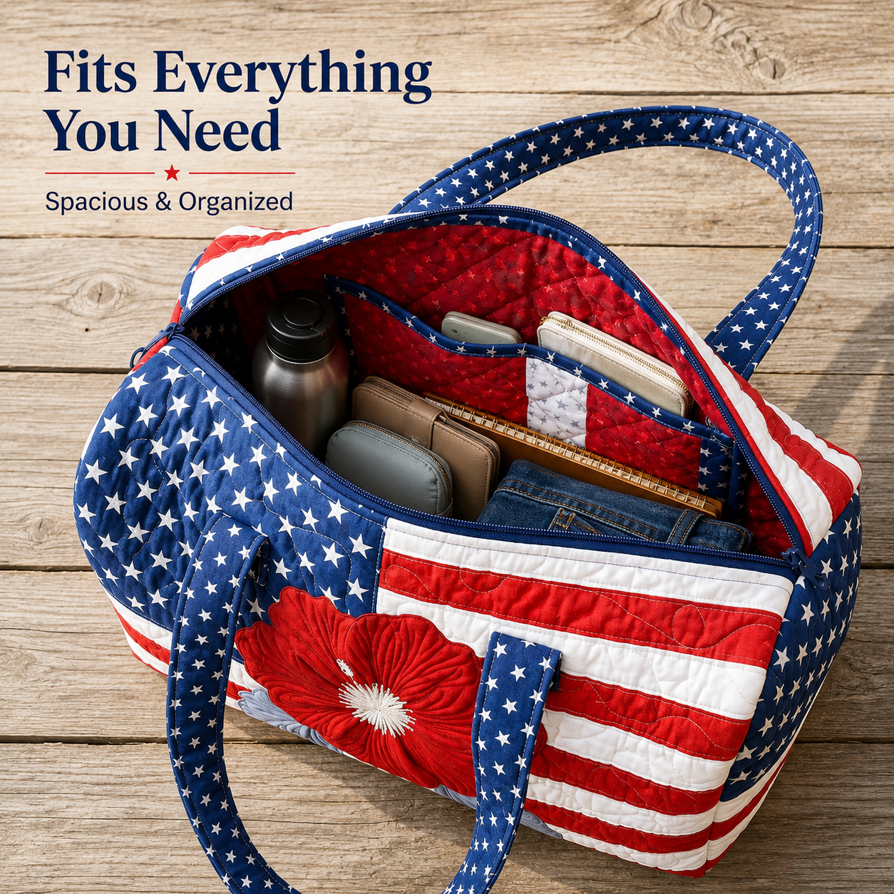 Patriotic Quilted Tote Bag I 3D Floral American Flag Travel Duffel