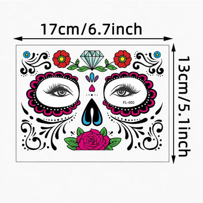 Mexican Dia De Los Muertos Temporary Face Tattoos - Sugar Skull Floral Face Decals 🎭