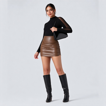High Waisted Tummy Control Ruched Curved Hem 2-in-1 Fleece PU Mini Bodycon Skirt💃