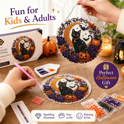 Halloween Diamond Painting Hanging Ornament Kit, Black Cat Moon🎃