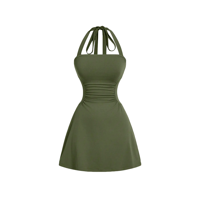 Women's Plain Ruched Tie Back Halter Neck Dress, Casual Chic Sleeveless A Line Short Dress👗