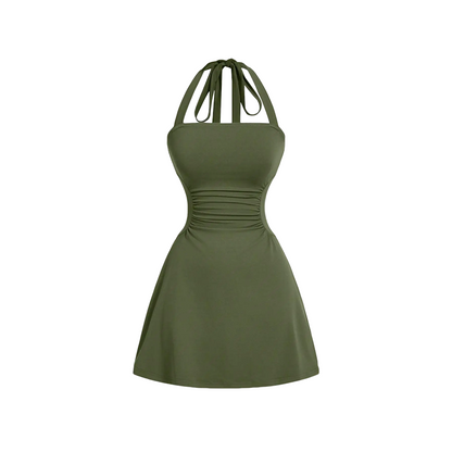 Women's Plain Ruched Tie Back Halter Neck Dress, Casual Chic Sleeveless A Line Short Dress👗