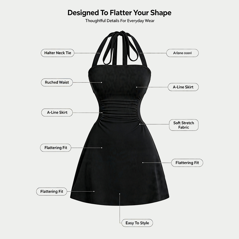 Women's Plain Ruched Tie Back Halter Neck Dress, Casual Chic Sleeveless A Line Short Dress👗