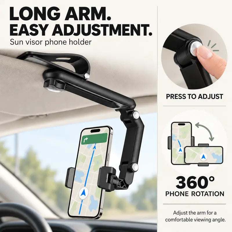 Foldable Car Phone Holder for Sun Visor, Adjustable Arm with 360° Phone Rotation 🚗📱