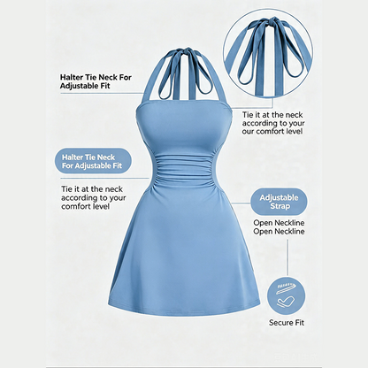 Women's Plain Ruched Tie Back Halter Neck Dress, Casual Chic Sleeveless A Line Short Dress👗