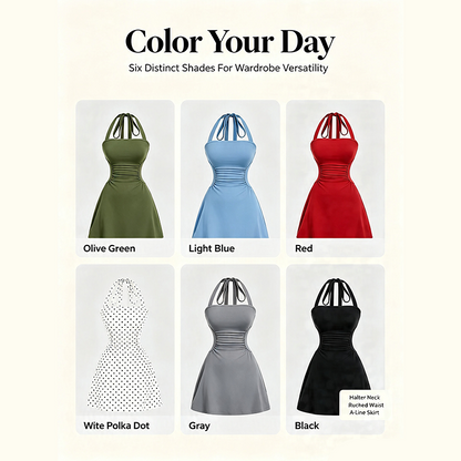 Women's Plain Ruched Tie Back Halter Neck Dress, Casual Chic Sleeveless A Line Short Dress👗