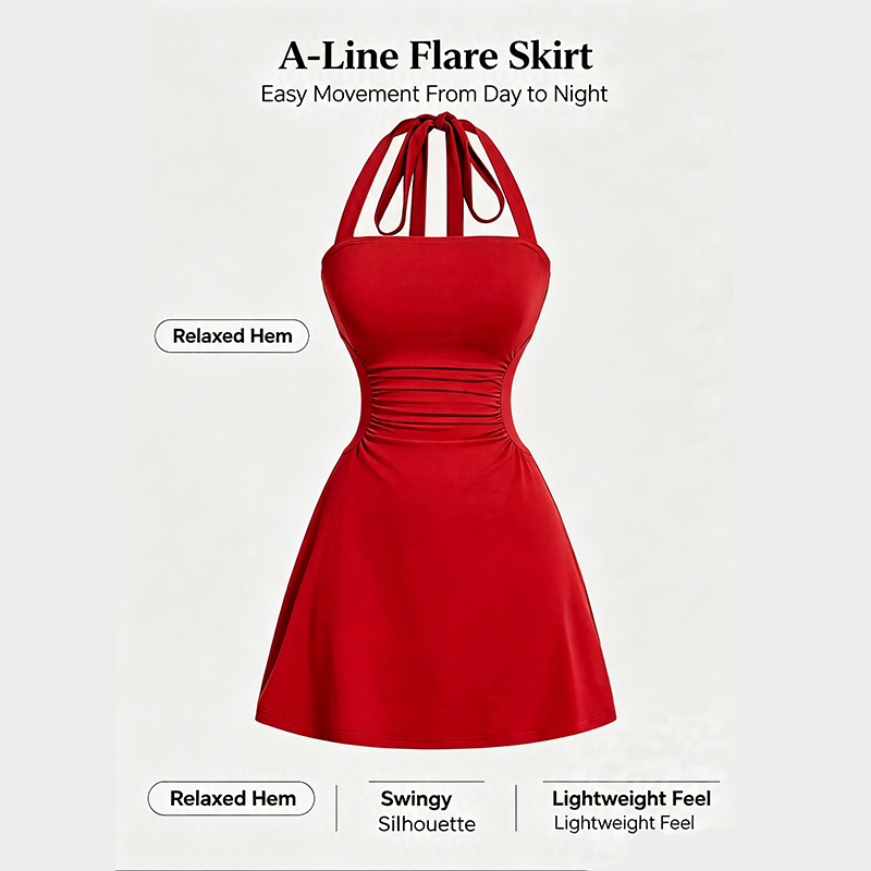 Women's Plain Ruched Tie Back Halter Neck Dress, Casual Chic Sleeveless A Line Short Dress👗