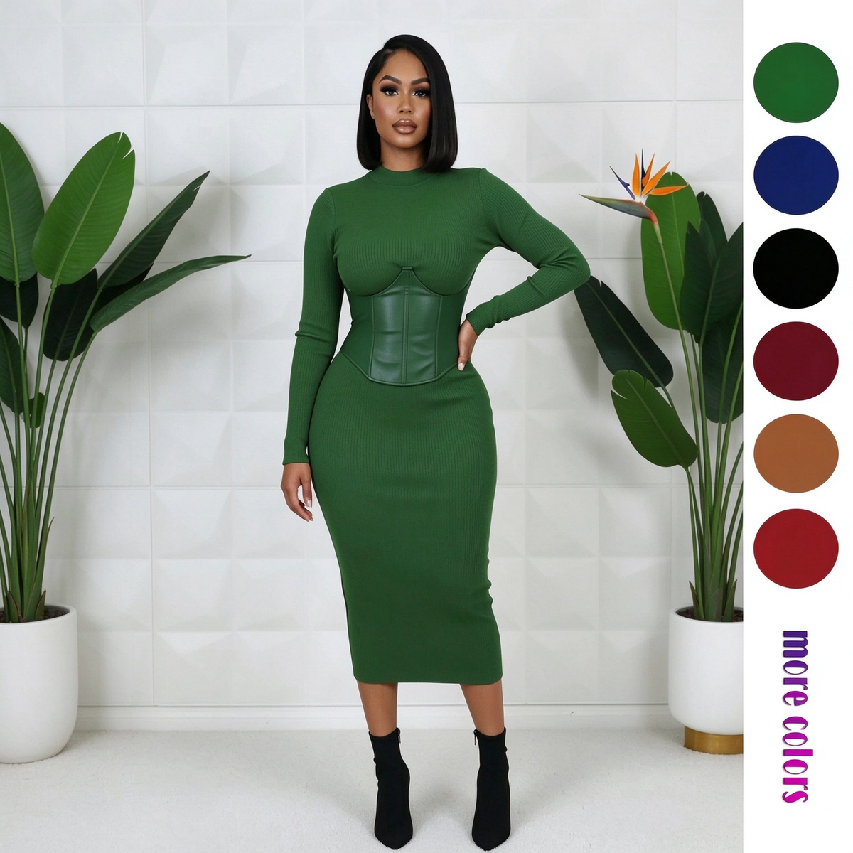 Women's Long-Sleeve High-Stretch Bodycon Midi Dress with PU Waist Belt Detail 👗