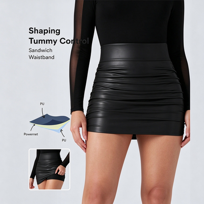 High Waisted Tummy Control Ruched Curved Hem 2-in-1 Fleece PU Mini Bodycon Skirt💃