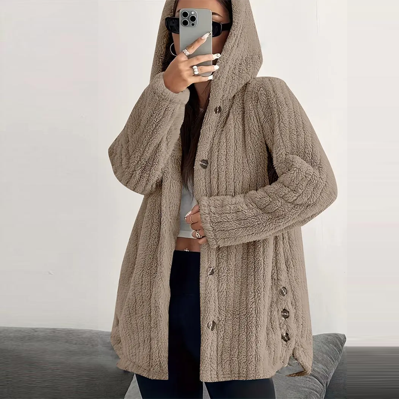 Women’s Lightweight Plush Hooded Jacket, Warm Mid-Length Teddy Bear Cardigan 🧸🧥