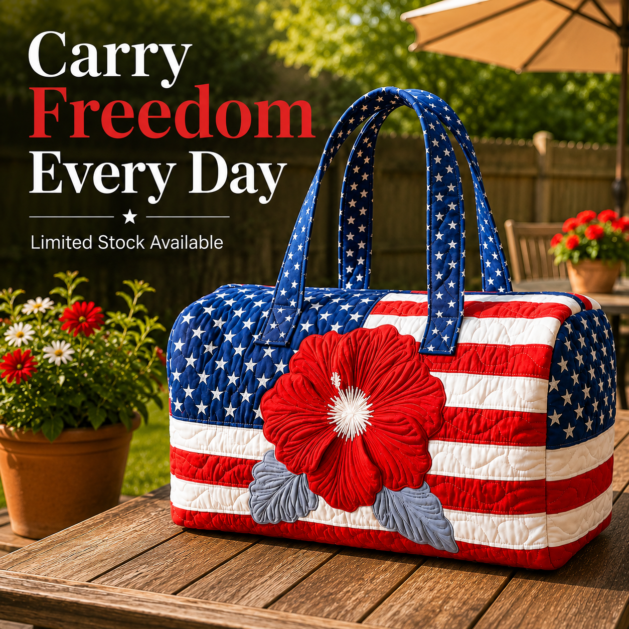 Patriotic Quilted Tote Bag I 3D Floral American Flag Travel Duffel