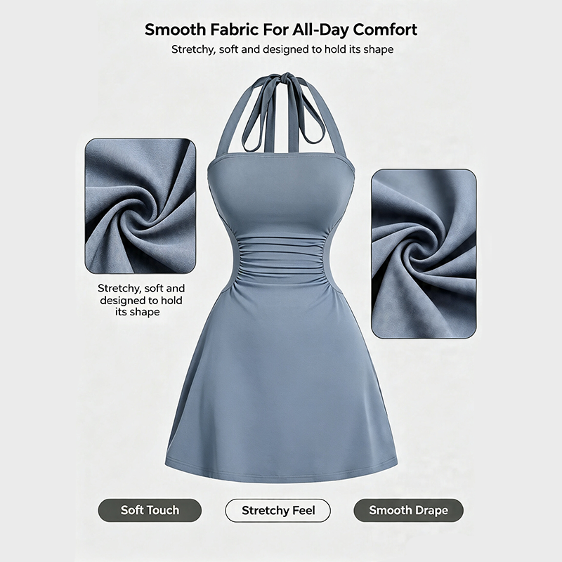 Women's Plain Ruched Tie Back Halter Neck Dress, Casual Chic Sleeveless A Line Short Dress👗
