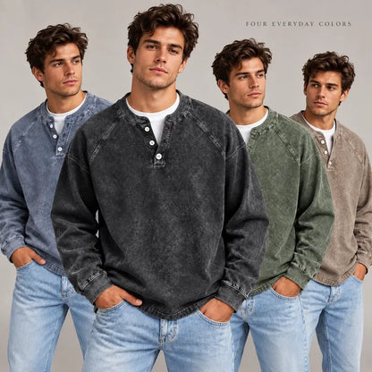 Men's Vintage Washed 3-Button Henley Long Sleeve Plain Pullover 👔