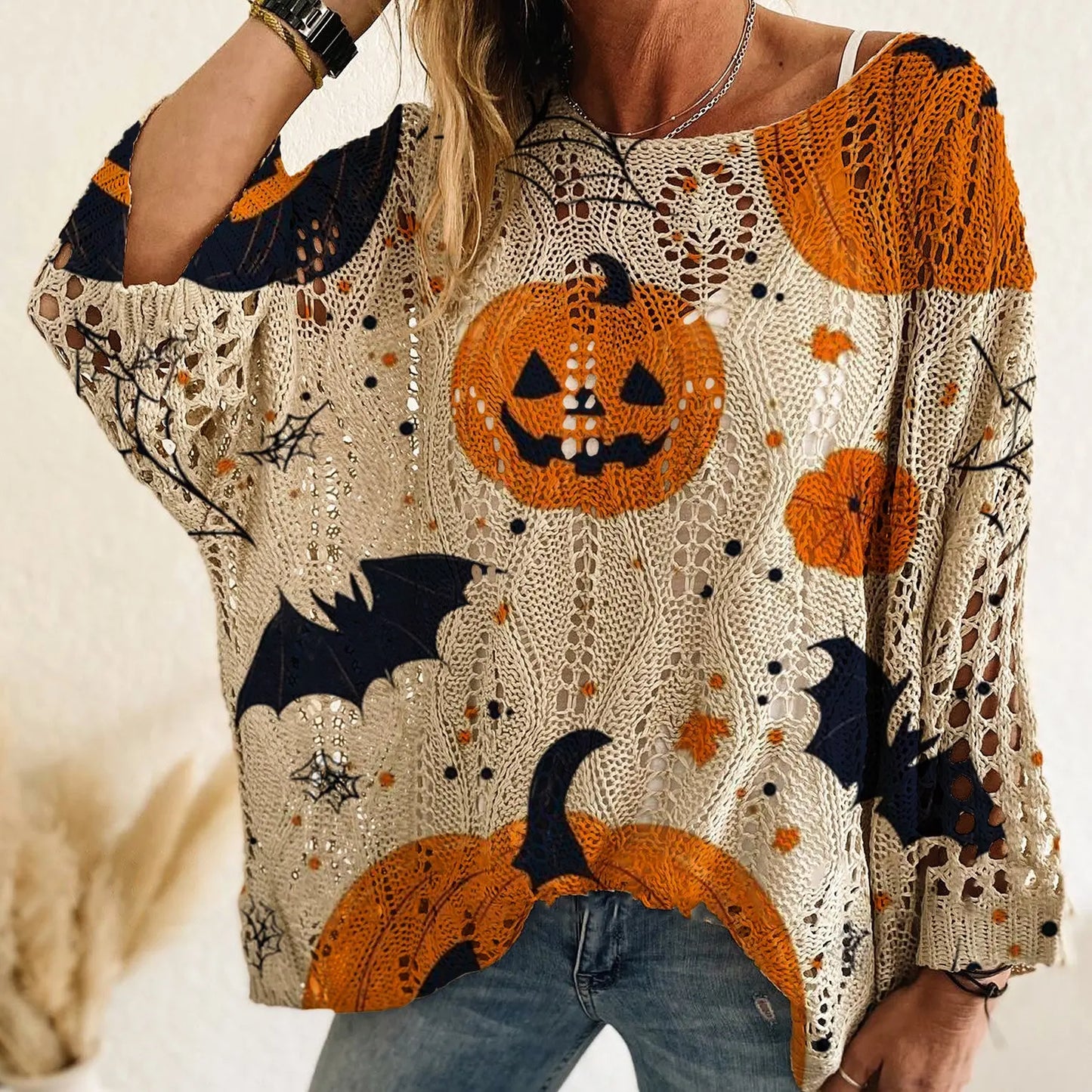Women's Long-Sleeve Style Knitwear Piece, Halloween Pumpkin-Bat Print Casual Fall Pullover🎃