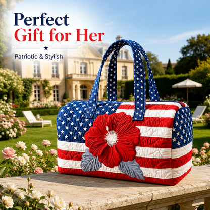 Patriotic Quilted Tote Bag I 3D Floral American Flag Travel Duffel