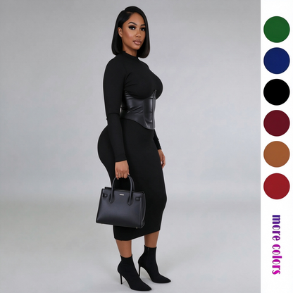 Women's Long-Sleeve High-Stretch Bodycon Midi Dress with PU Waist Belt Detail 👗