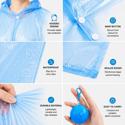 Hooded Disposable Rain Poncho-Random Color, Waterproof Tear-Resistant Portable Raincoat with Keychain Ball 🌧️ ☔