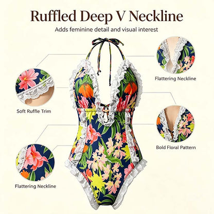 Women's One Piece Halter V-neck Printing Lace Adjustable Back Straps Sexy Swimsuit 👙