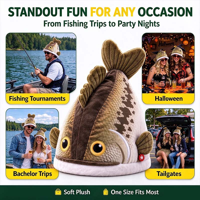 Bucketmouth Flapping Tail Plush Bass Fish Hat 🐟🎩