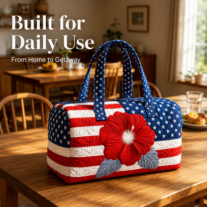 Patriotic Quilted Tote Bag I 3D Floral American Flag Travel Duffel