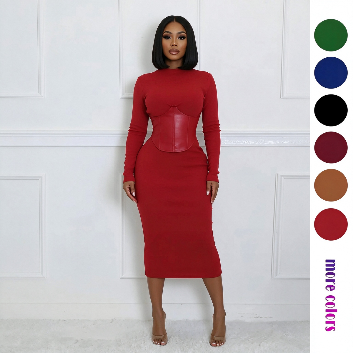 Women's Long-Sleeve High-Stretch Bodycon Midi Dress with PU Waist Belt Detail 👗