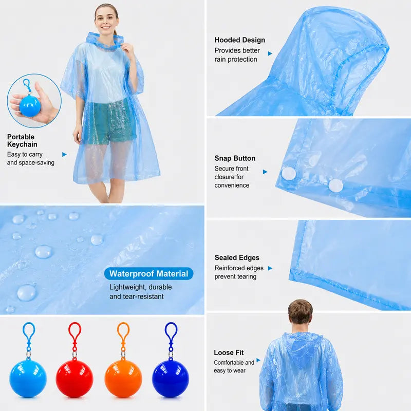 Hooded Disposable Rain Poncho-Random Color, Waterproof Tear-Resistant Portable Raincoat with Keychain Ball 🌧️ ☔