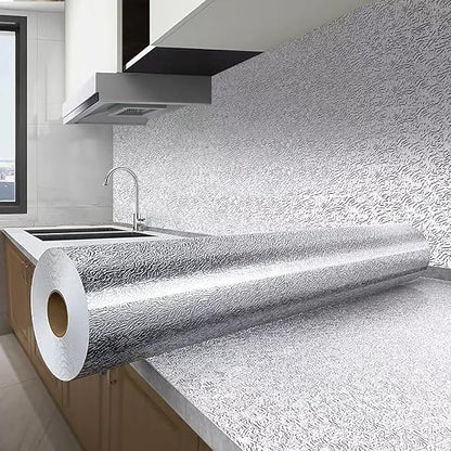 Kitchen Waterproof Oil Proof Aluminum Foil Sticker, Silver Texture Peel🧽