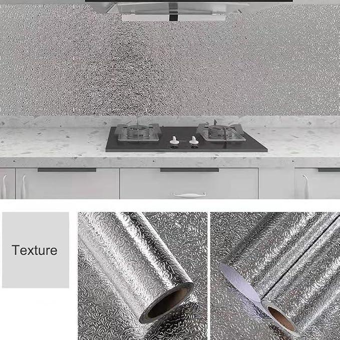 Kitchen Waterproof Oil Proof Aluminum Foil Sticker, Silver Texture Peel🧽