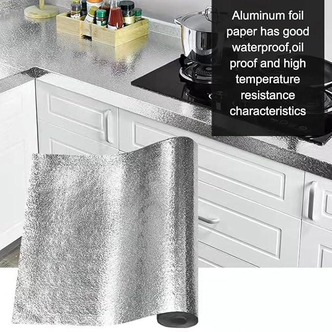 Kitchen Waterproof Oil Proof Aluminum Foil Sticker, Silver Texture Peel🧽