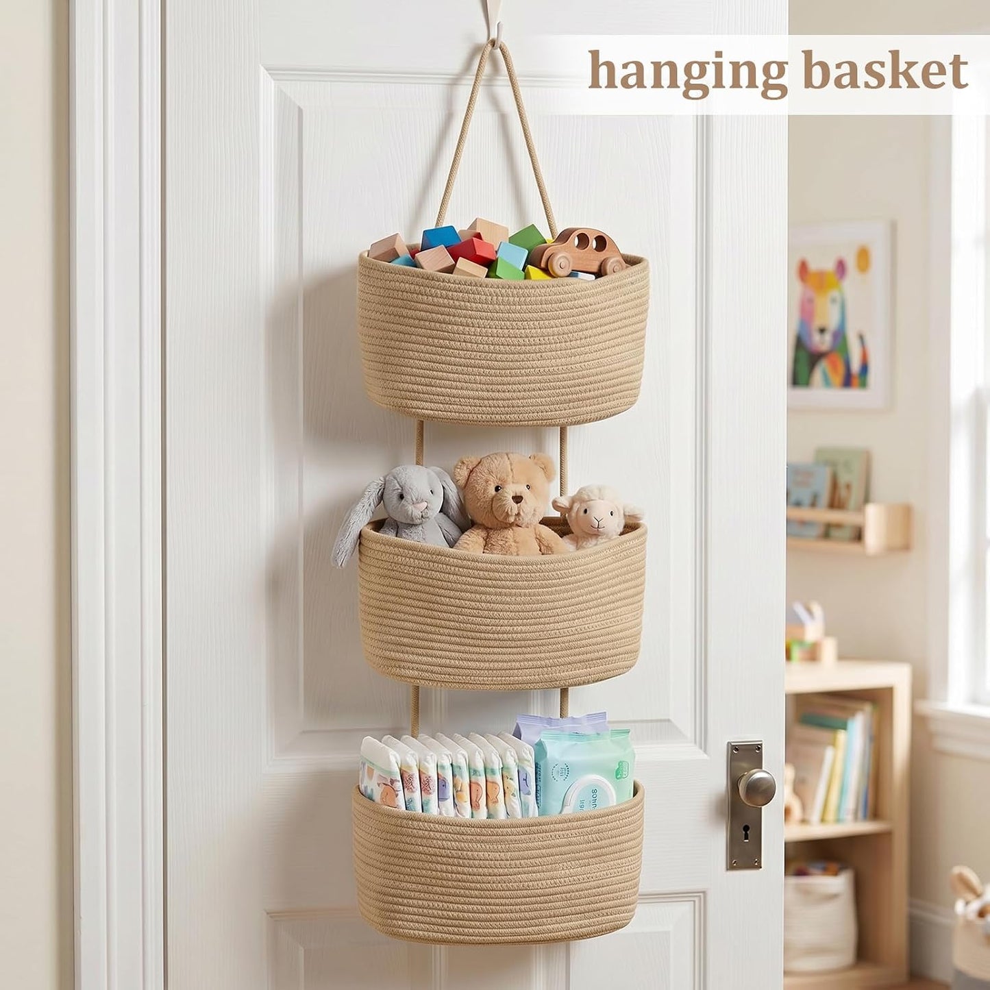 Woven cotton 3-Tier Over the Door Basket, Wall-Mounted Jute Bathroom Storage Organizer 🧺