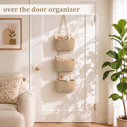 Woven cotton 3-Tier Over the Door Basket, Wall-Mounted Jute Bathroom Storage Organizer 🧺