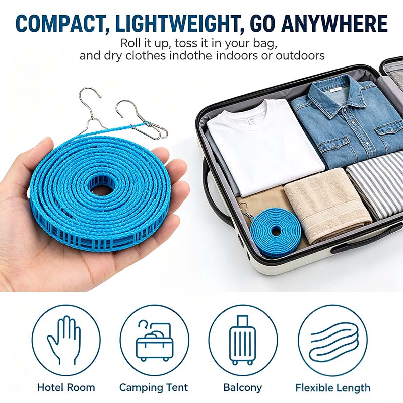3 Roll Portable Clothesline – 196.85 Inch Adjustable Laundry Line, Windproof & Non-Slip, Easy Setup🌀