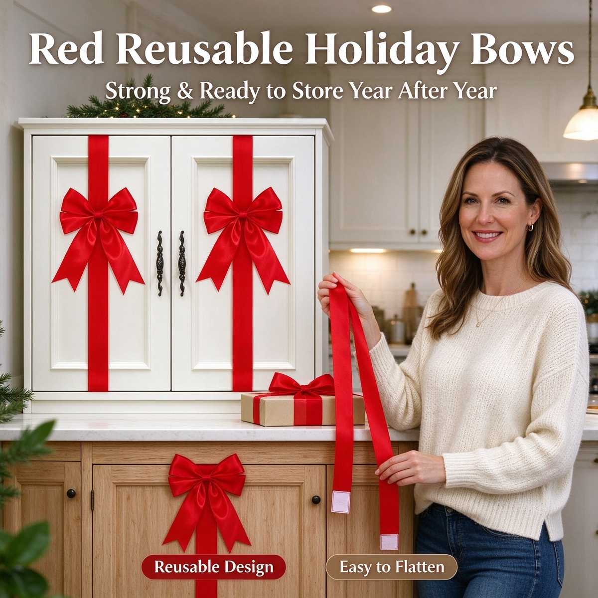 6 Pcs Red Christmas Cabinet Ribbons Bows for Kitchen Large Christmas Door Ribbon Cabinet Bows Locker 🎀🎄