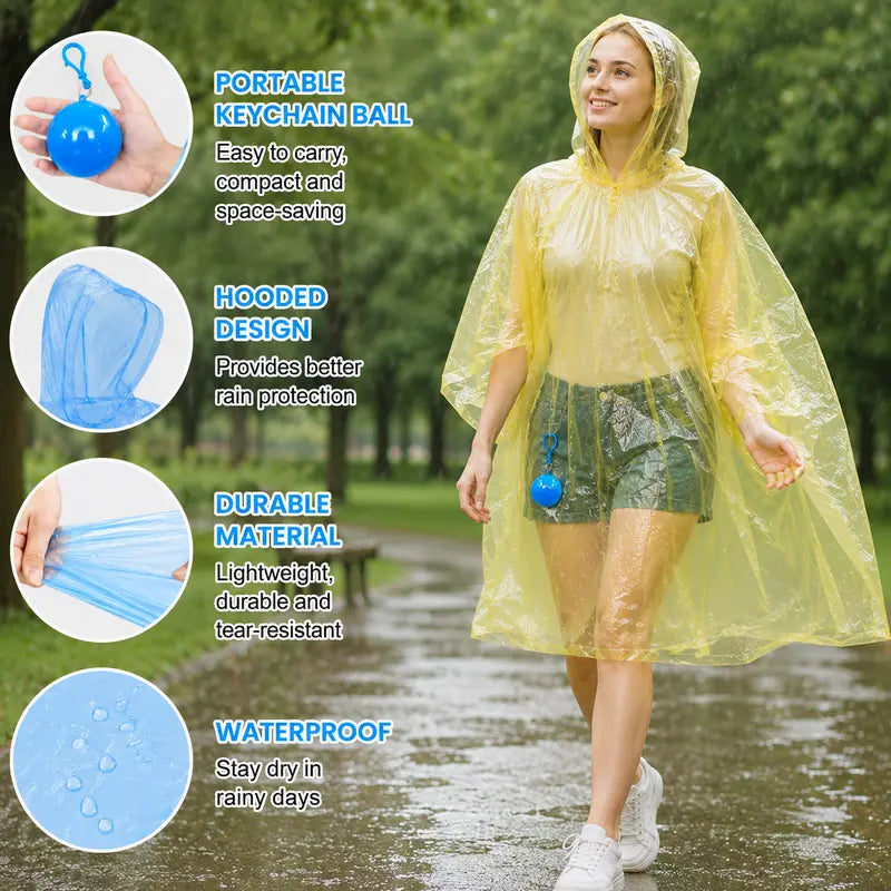 Hooded Disposable Rain Poncho-Random Color, Waterproof Tear-Resistant Portable Raincoat with Keychain Ball 🌧️ ☔