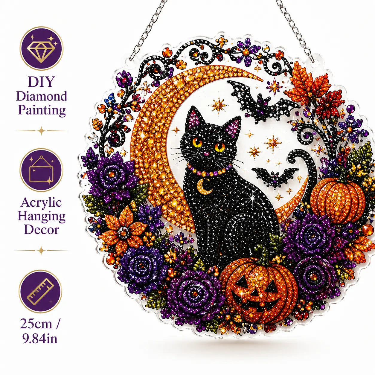 Halloween Diamond Painting Hanging Ornament Kit, Black Cat Moon🎃