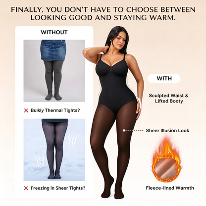 Women's Sheer-Panel Fleece-Lined Tights Bodysuit - Tummy Control 🖤