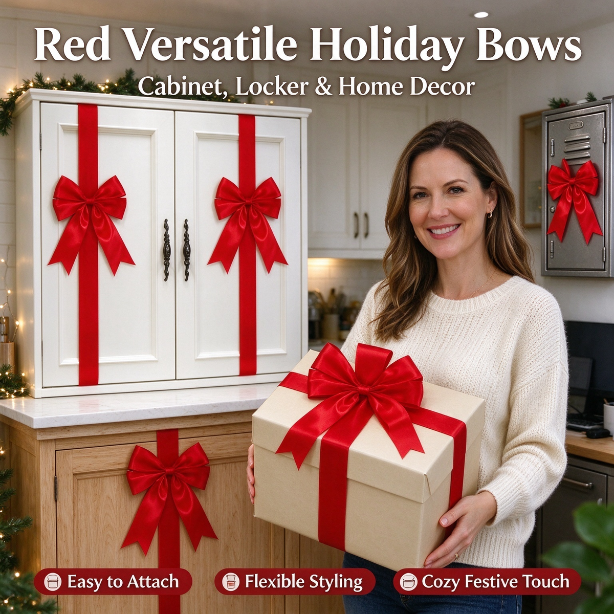 6 Pcs Red Christmas Cabinet Ribbons Bows for Kitchen Large Christmas Door Ribbon Cabinet Bows Locker 🎀🎄