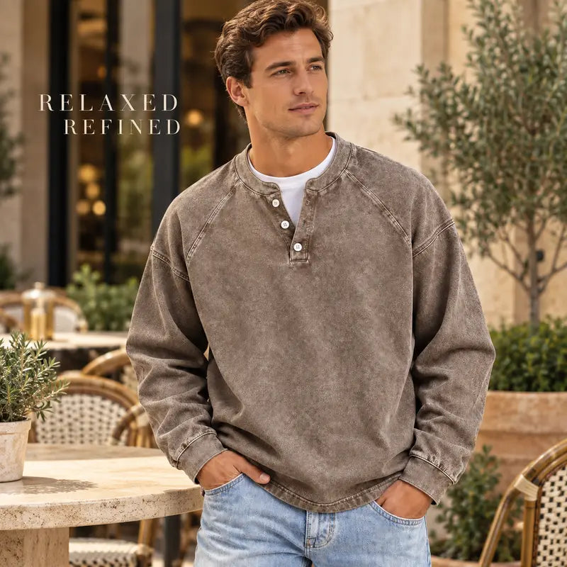 Men's Vintage Washed 3-Button Henley Long Sleeve Plain Pullover 👔