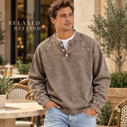 Men's Vintage Washed 3-Button Henley Long Sleeve Plain Pullover 👔