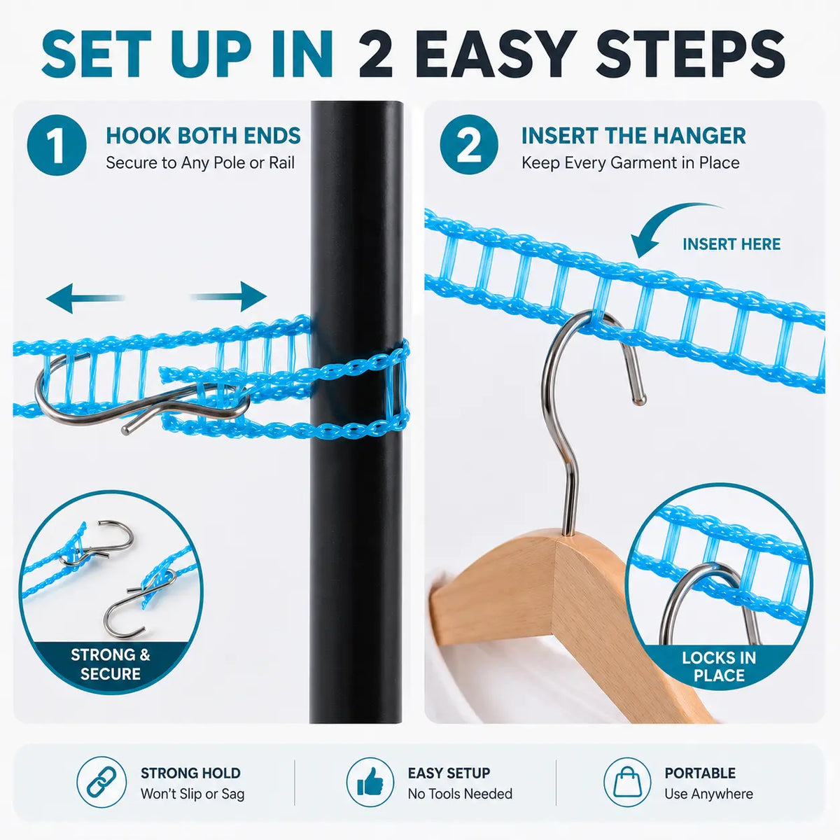 3 Roll Portable Clothesline – 196.85 Inch Adjustable Laundry Line, Windproof & Non-Slip, Easy Setup🌀