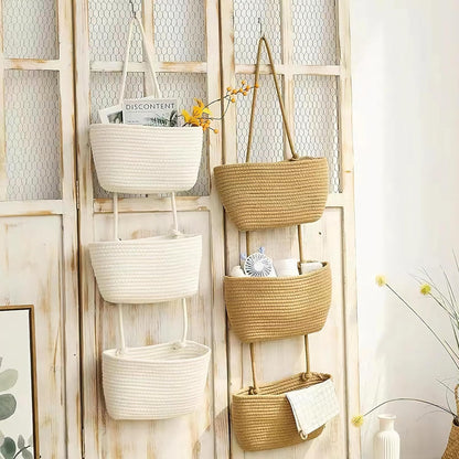 Woven cotton 3-Tier Over the Door Basket, Wall-Mounted Jute Bathroom Storage Organizer 🧺