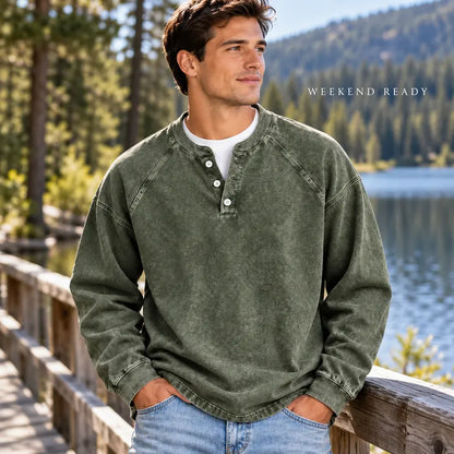Men's Vintage Washed 3-Button Henley Long Sleeve Plain Pullover 👔