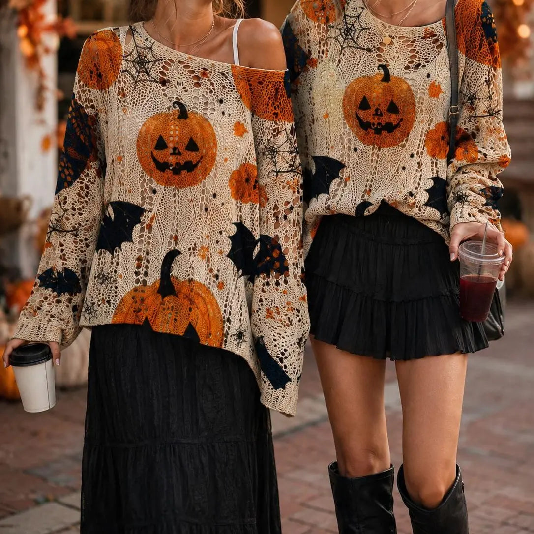 Women's Long-Sleeve Style Knitwear Piece, Halloween Pumpkin-Bat Print Casual Fall Pullover🎃