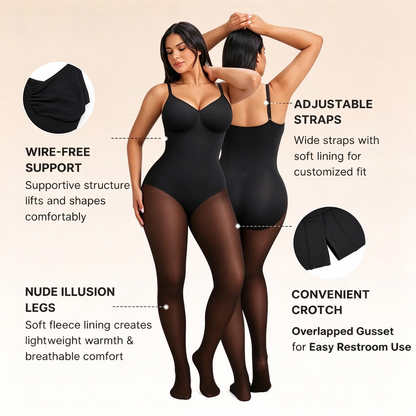 Women's Sheer-Panel Fleece-Lined Tights Bodysuit - Tummy Control 🖤