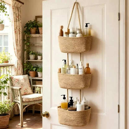 Woven cotton 3-Tier Over the Door Basket, Wall-Mounted Jute Bathroom Storage Organizer 🧺