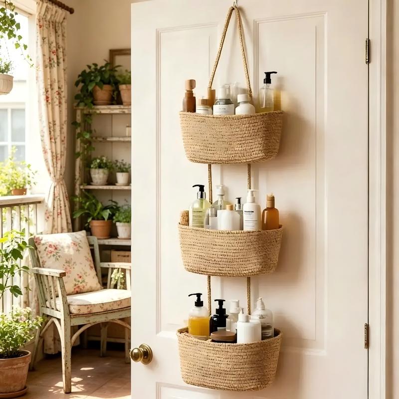 Woven cotton 3-Tier Over the Door Basket, Wall-Mounted Jute Bathroom Storage Organizer 🧺