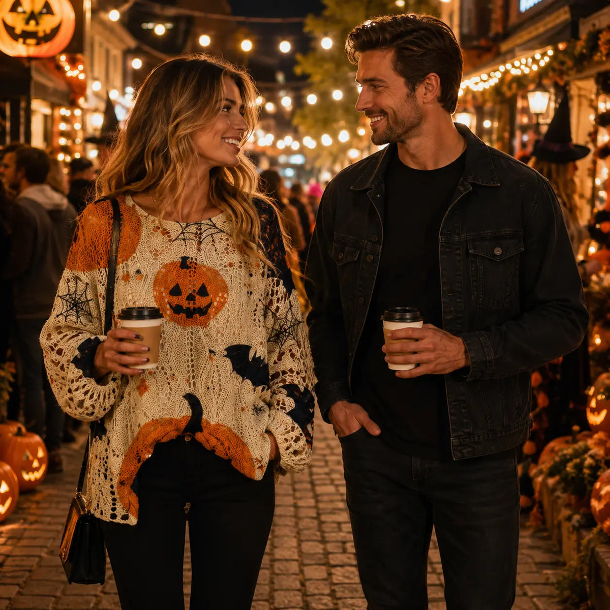 Women's Long-Sleeve Style Knitwear Piece, Halloween Pumpkin-Bat Print Casual Fall Pullover🎃