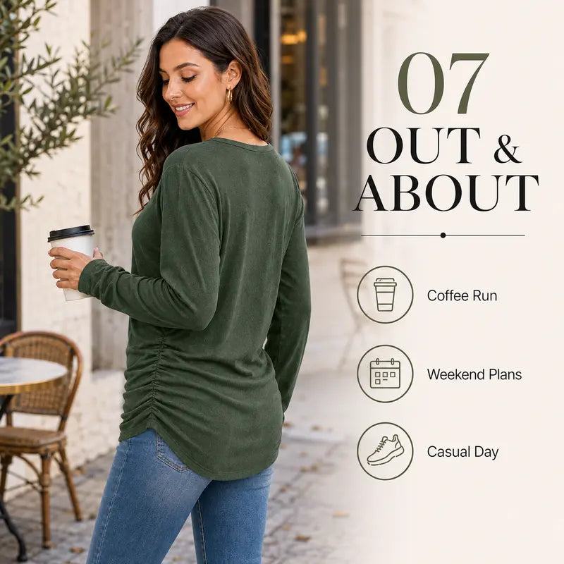 Womens Long Sleeve Shirts Ruched Hem Fall Tops Lightweight Sweaters🧶