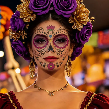 Mexican Dia De Los Muertos Temporary Face Tattoos - Sugar Skull Floral Face Decals 🎭